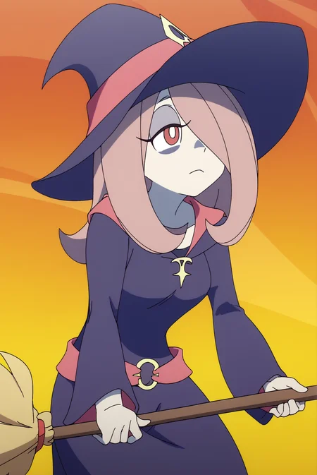 Sucy Manbavaran, solo, broom riding, witch, witch hat <lora:Little_Witch_Academia-Sucy_Manbavaran-PDXL:0.8>