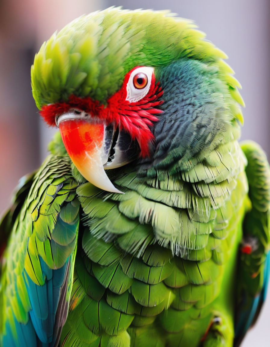 close-up of a vibrant green parrot grooming its feathers, rich texture of feathers, red spots on head, bright eye visible, natural light, detailed macro photography, lifelike representation, high-quality image,