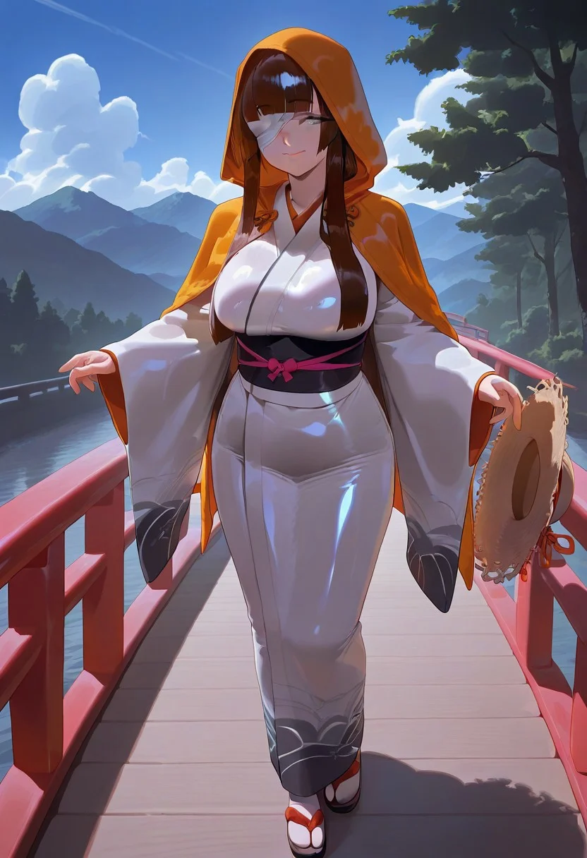 , , masterpiece, best quality, very aesthetic, absurdres,
shiny skin, thick black lineart, perfect face,
1=2
1girl, bandage over one eye, blue sky, blunt bangs, blunt sidelocks, breasts, bridge, brown hair, center-flap bangs, cloud, day, , grey eyes, , hat, hood up, Japanese clothes, kimono, long hair, long sidelocks, long sleeves, mountain, one eye covered, orange hood, outdoors, sandals, sidelocks, sky, sleeves past wrists straw hat,, tree, unworn hat, unworn headwear, very long sidelocks, white kimono, wide sleeves, zouri