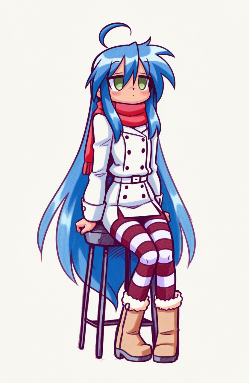1girl, solo,
izumi konata, green eyes, blue hair, very long hair, petite, winter outfit, double-breasted coat, short skirt, striped pantyhose, boots, ribbon scarf, sitting on stool, straight back, neutral expression, gentle neutral face, minimalist style,
<lora:shadowhawx95:1> shadhawx, traditional media, hatching \(texture\), sketch, extremely detailed, highres, masterpiece, best quality