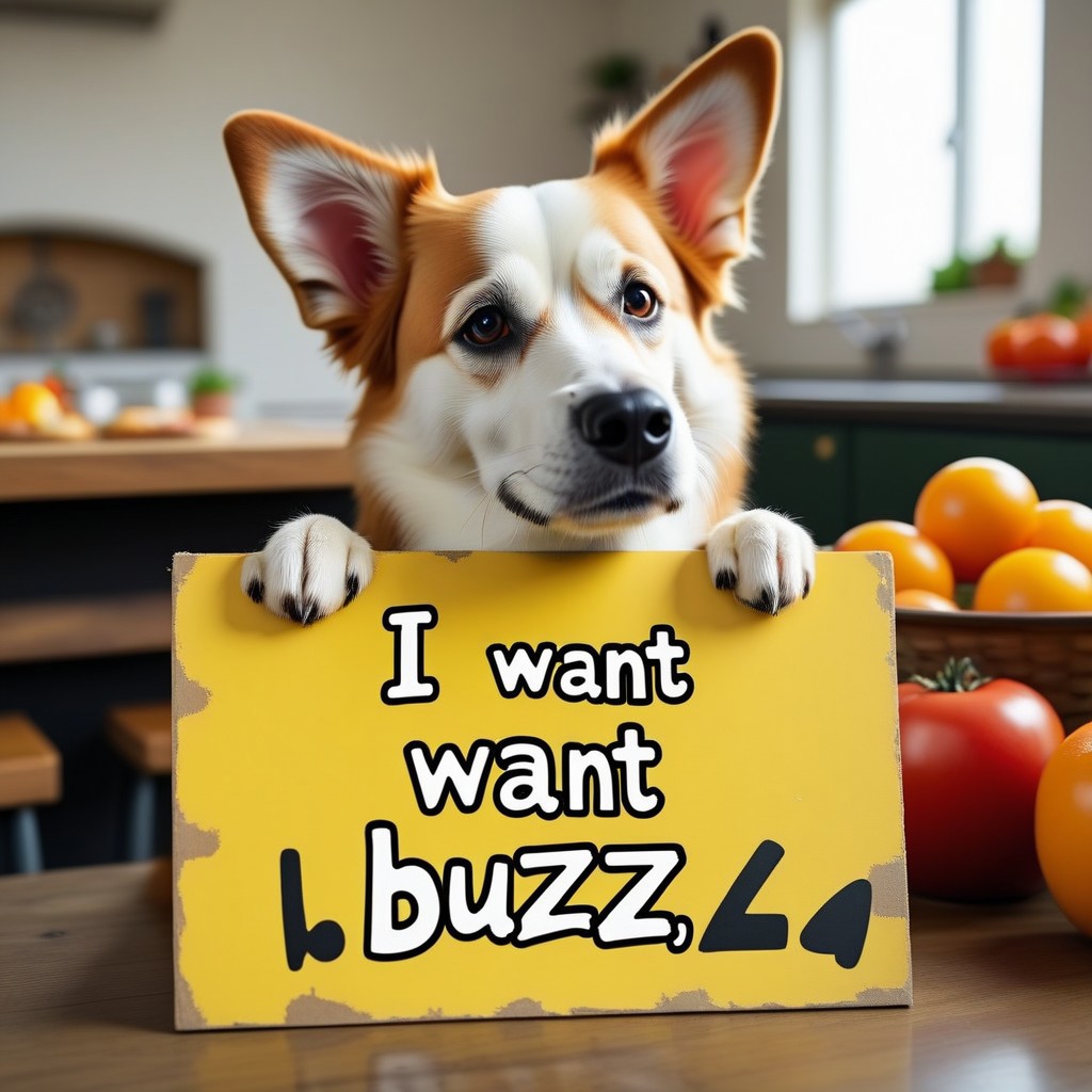 buzz, iconic dog with a sign with text "i want buzz" <lora:buzz-text:.85>