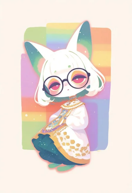 masterpiece, best quality, good quality, very awa, very aesthetic, absurdres, newest, (Perfect details), 1girl, solo, green hair, shy, glasses, cute face, human, pale skin, white hair, ornate clothing, holding feral cat, (face focus, cat focus):2, full body, dynamic angle, rainbow fur, solid color background, haiz_ai, no lineart,no outline