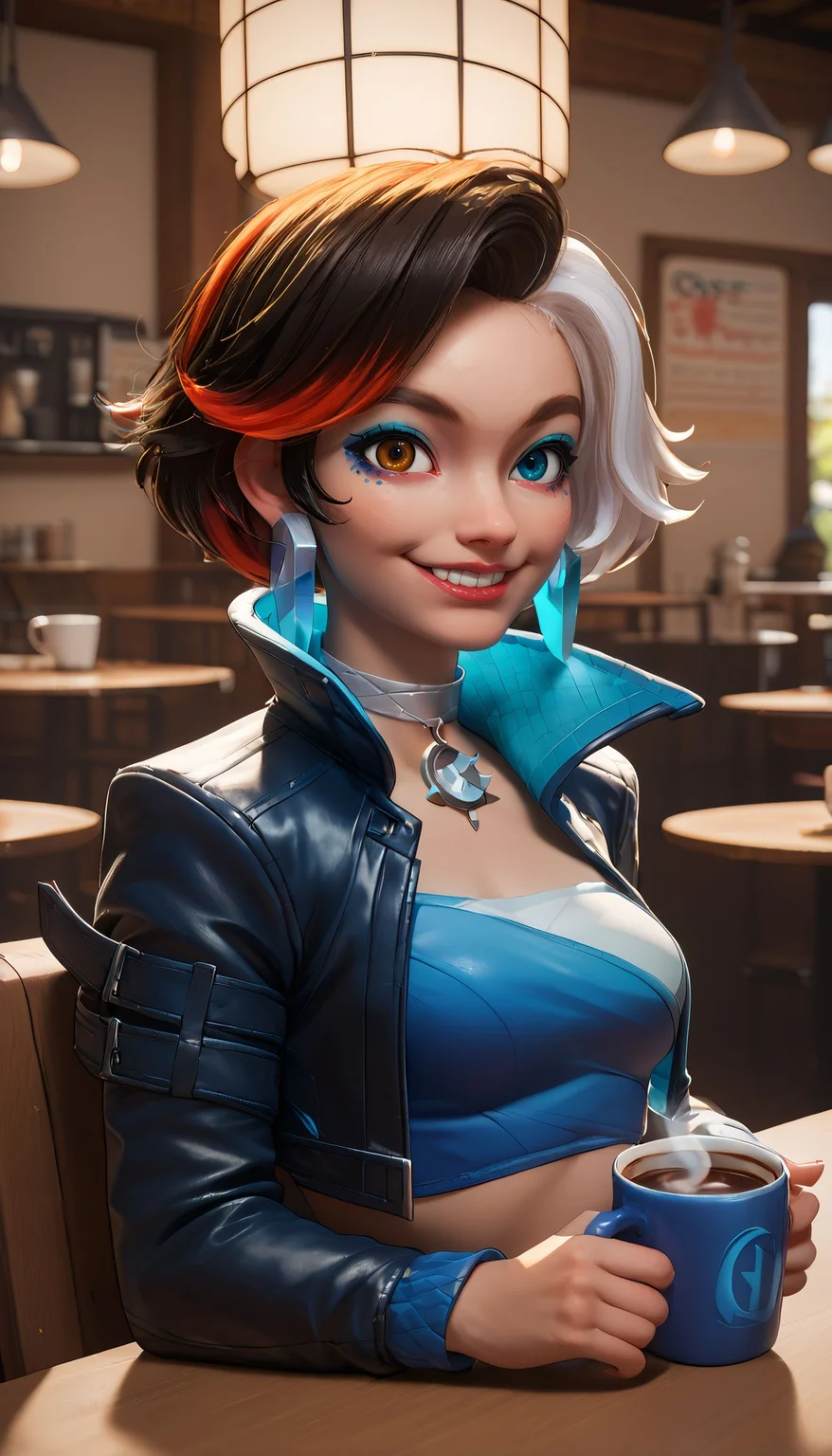 zPDXL3,<lora:LunarCAT_Style:.8>, <lora:LunaMR:.7>,
lunamr, woman, multicolored hair,heterochromia,makeup,brown eye, blue eye, cropped jacket,earrings,choker, looking at viewer, smiling, sitting, behind a table, inside cafe, holding coffee mug, steam, soft lighting, upper body shot,