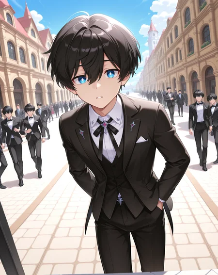 masterpiece,best quality,amazing quality, newest, very aesthetic, absurdres,
1boy, solo, yaoi, male focus, looking at viewer, cowboy shot, standing,
<lora:Noah_Morpheus_ilxl:1> noahmo, black hair, hair between eyes, blue eyes, white pupils,
formal, tuxedo, neck ribbon, white shirt, collared shirt, black pants, shoes, black footwear, suit jacket, black jacket,
outdoors, day, blue sky, building, people,
