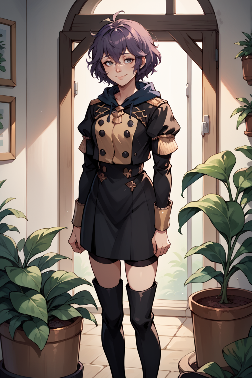 score_9, score_8_up, score_7_up, score_6_up, source_anime, 1girl BREAK <lora:bernadetta-pdxl-nvwls-v1:1> defBernie, messy hair, black uniform, hood down, long sleeves, black skirt, thigh boots, venus flytrap, greenhouse, indoors, plants, smile, closed mouth, tired