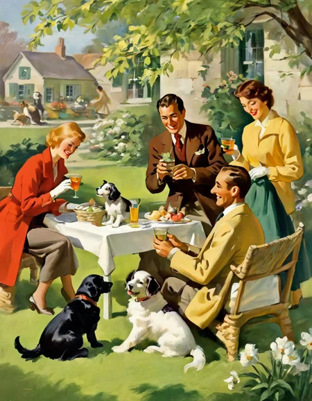 a Sundblom painting depicting a cheerful outdoor gathering, evoking a sense of joy and camaraderie. Set in a sunlit garden, a group of five figures enjoys a leisurely afternoon among playful puppies. In the foreground, a woman in a bright red coat holds a small dog close to her face, her smile radiant and infectious. Beside her, a man in a yellow sweater tenderly interacts with a dog seated next to him, while holding a drink in his other hand. The relaxed expressions of the participants reflect their enjoyment of the moment. A second woman, seated in the background, is engaged in conversation, leaning against a rustic stone wall, while another figure dressed in a stylish outfit prepares food at a nearby table. The scene is adorned with a basket brimming with adorable puppies, adding to the atmosphere of playfulness and warmth. Lush green grass frames the scene, and soft pastel blooms in the background heighten the sense of a delightful spring day. This image not only illustrates a joyful gathering but also encapsulates the simple pleasures of life, companionship, and the unconditional love of pets.
.<lora:HSundblom1-000003:1> <
