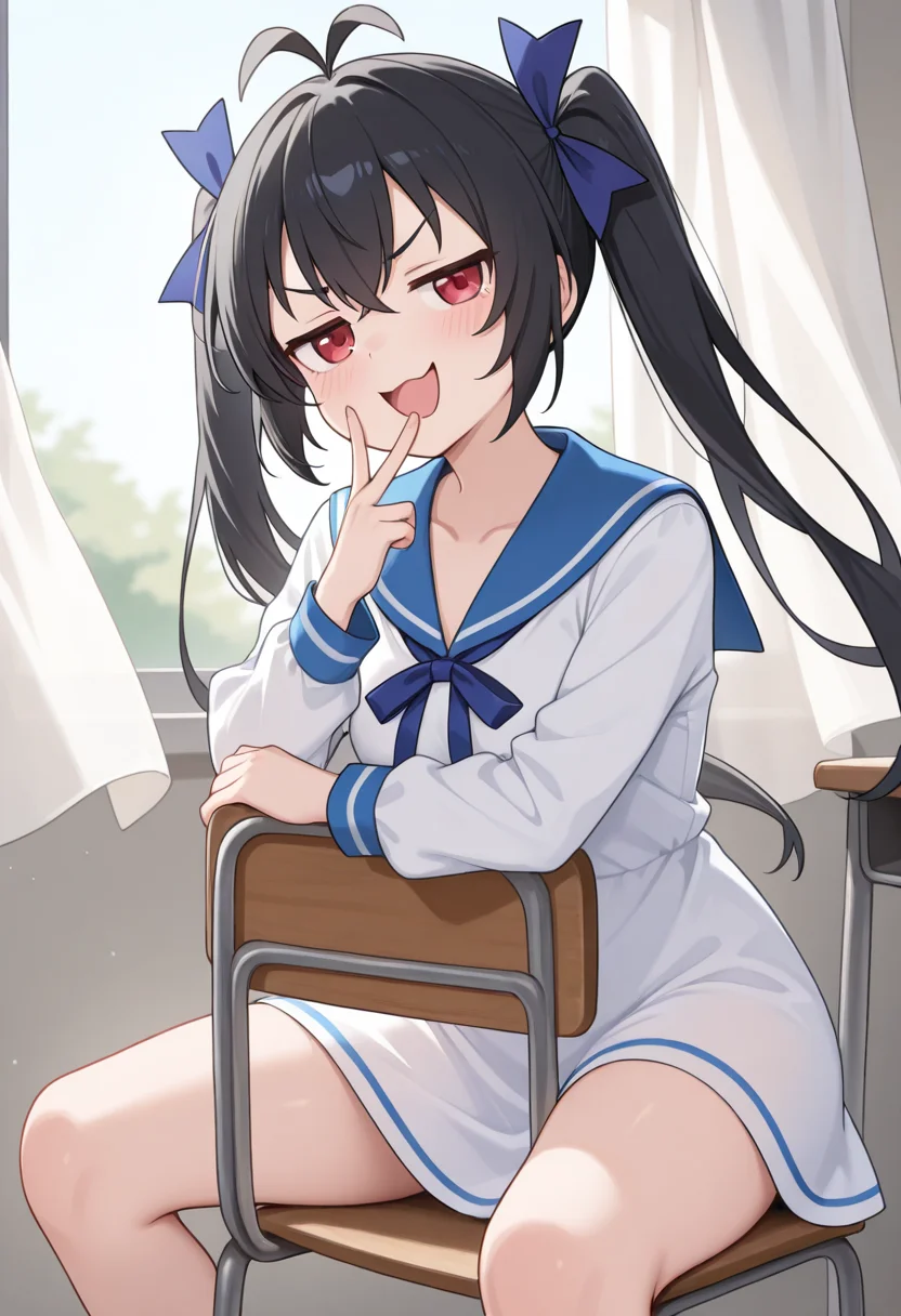 1girl,solo,<lora:naruil:0.9>,hakobe_naru,red eyes,twintails,antenna hair,long hair,black hair,hair ribbon,blue ribbon,dress,collarbone,sailor dress,blue sailor collar,long sleeves,looking_at_viewer,cowboy_shot,head_tilt,from_side,smile,smug,jitome,triangle_mouth,open mouth,v-shaped_eyebrows,v over mouth,sitting_on_chair,sitting backwards,day,classroom,wind,curtain,incredibly absurdres,masterpiece,best quality,good quality,newest,