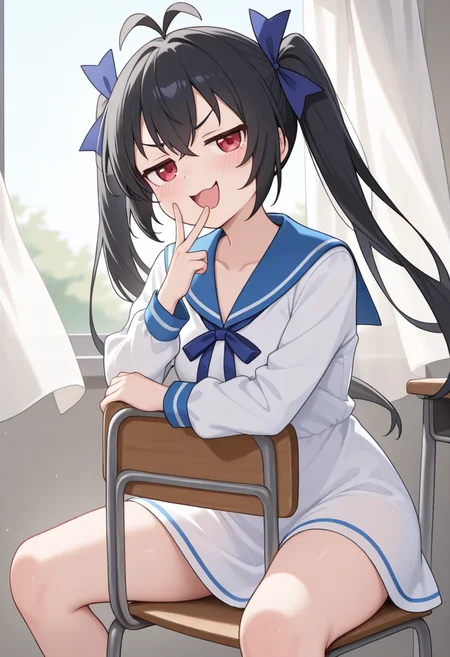 1girl,solo,<lora:naruil:0.9>,hakobe_naru,red eyes,twintails,antenna hair,long hair,black hair,hair ribbon,blue ribbon,dress,collarbone,sailor dress,blue sailor collar,long sleeves,looking_at_viewer,cowboy_shot,head_tilt,from_side,smile,smug,jitome,triangle_mouth,open mouth,v-shaped_eyebrows,v over mouth,sitting_on_chair,sitting backwards,day,classroom,wind,curtain,incredibly absurdres,masterpiece,best quality,good quality,newest,