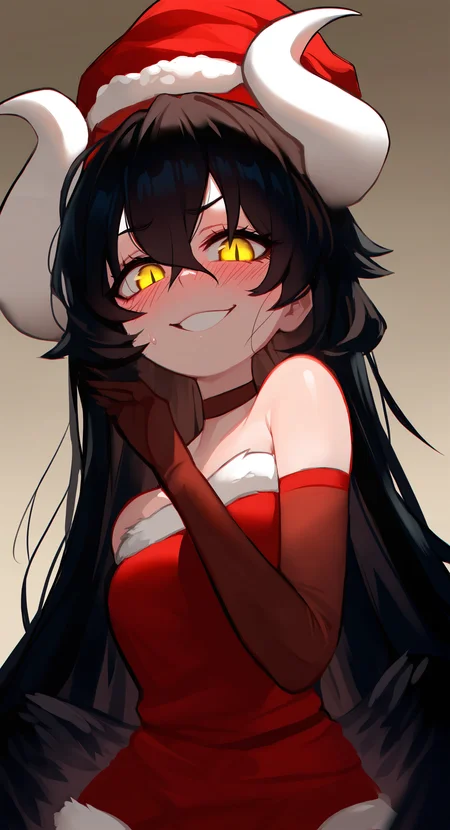 masterpiece, best quality, good quality, very aesthetic, absurdres, newest, albedo_\(overlord\),
1girl, solo, looking at viewer, blush, black_hair, shirt, large breasts, skirt, very_long_hair, long sleeves, hat, hair between eyes, bare shoulders, demon_girl, white_horns,demon_horns, slit_pupils, yellow eyes, thighs, detached sleeves, choker, fur trim, strapless, red skirt, arms behind back, light red shirt, light red headwear, christmas, pom pom \(clothes\), santa hat, santa costume, fur-trimmed sleeves, fur-trimmed dress, fur-trimmed headwear, light red sleeves, santa dress, fur-trimmed skirt, brown choker, fur-trimmed shirt,Head down, female pervert, in heat, aroused smile, pervy gin, lowered eyelids, simple background, <lora:ponyv5_noobV065S_1_adamW-000013:0.7>