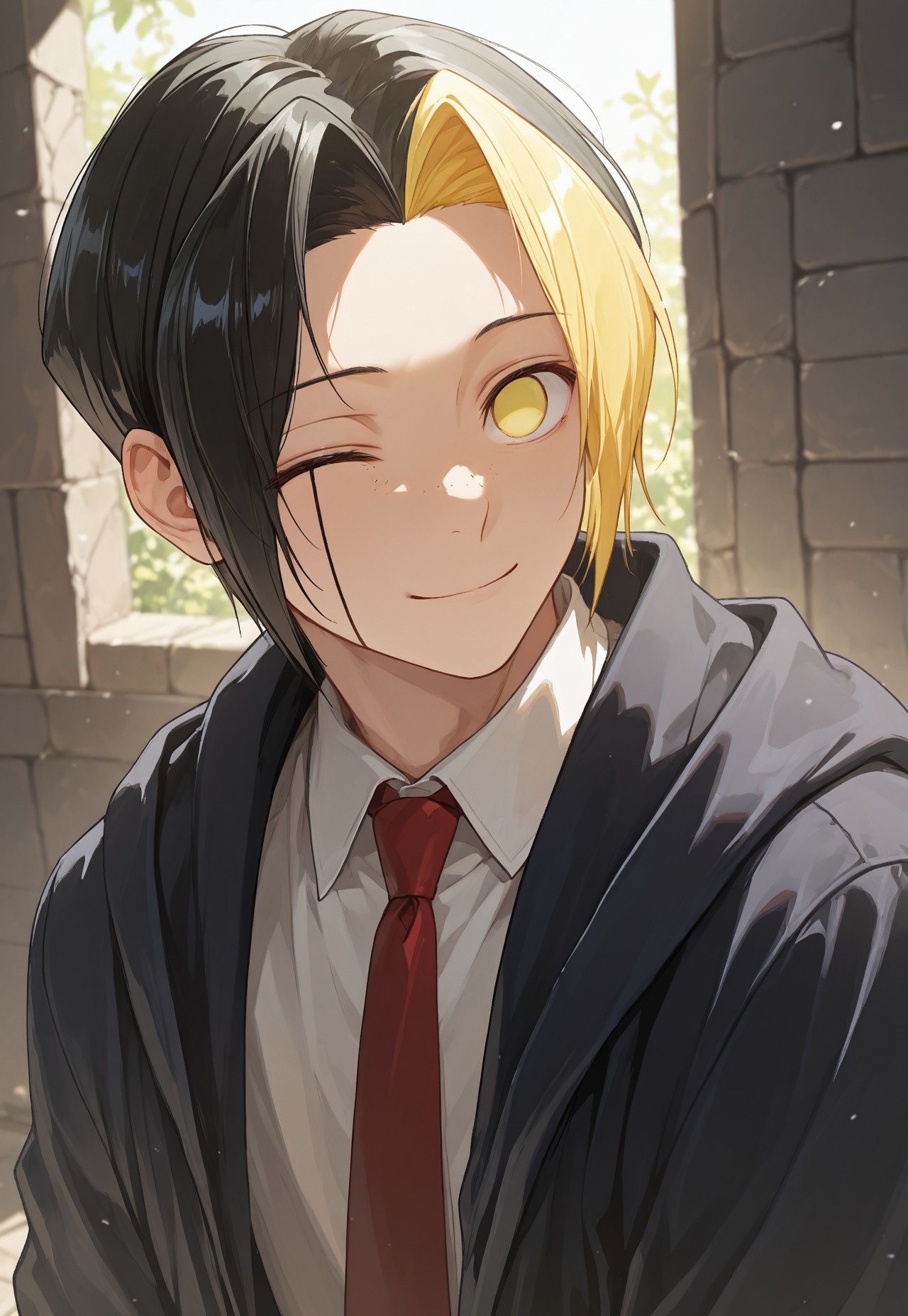 masterpiece, best quality, amazing quality, very aesthetic, absurdres, newest, detailed background, f1nn, no pupils, 1boy, solo, facial tattoo, yellow eyes, black hair, blonde hair, split-color hair, cloak, collared shirt, necktie, upper body, smile, one eye closed