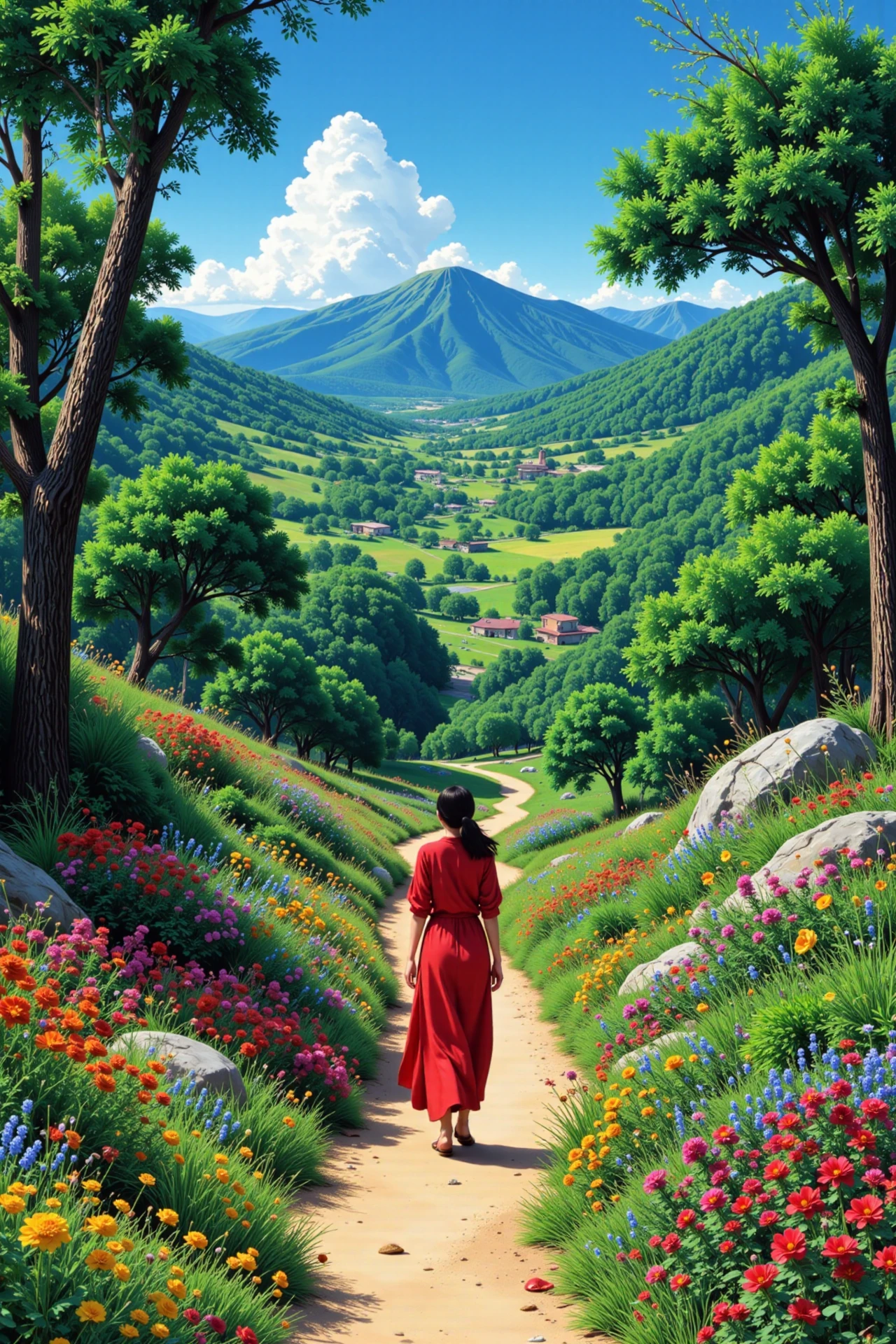 trail beautiful  landscape, noon, woman, very intricate, very detailed, sharp, bright, colorful, <lora:Hand v2:0.5> <lora:Anti-Blur:1><lora:Insane Detail Slider:0.25>  <lora:flux.1_lora_flyway_Epic-detail_v2:0.3> <lora:fluxenhancer:0.25> <lora:90s-anime:1> retro anime, 77oussam 90s, studio ghibli style, 1990s anime