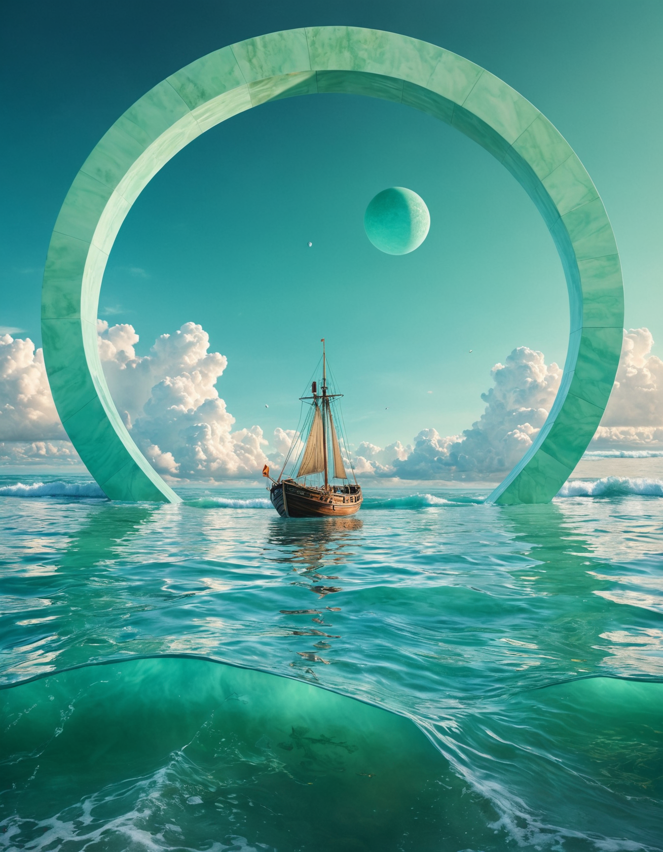 hyper realistic and highly detailed,  heavenly, serene, geometric, gorgeous, by Amandine Van Ray and by Andreas Achenbach, perfect composition. panoramic full shot, Seafoam Green hue
 <lora:add-detail-xl:0.7>