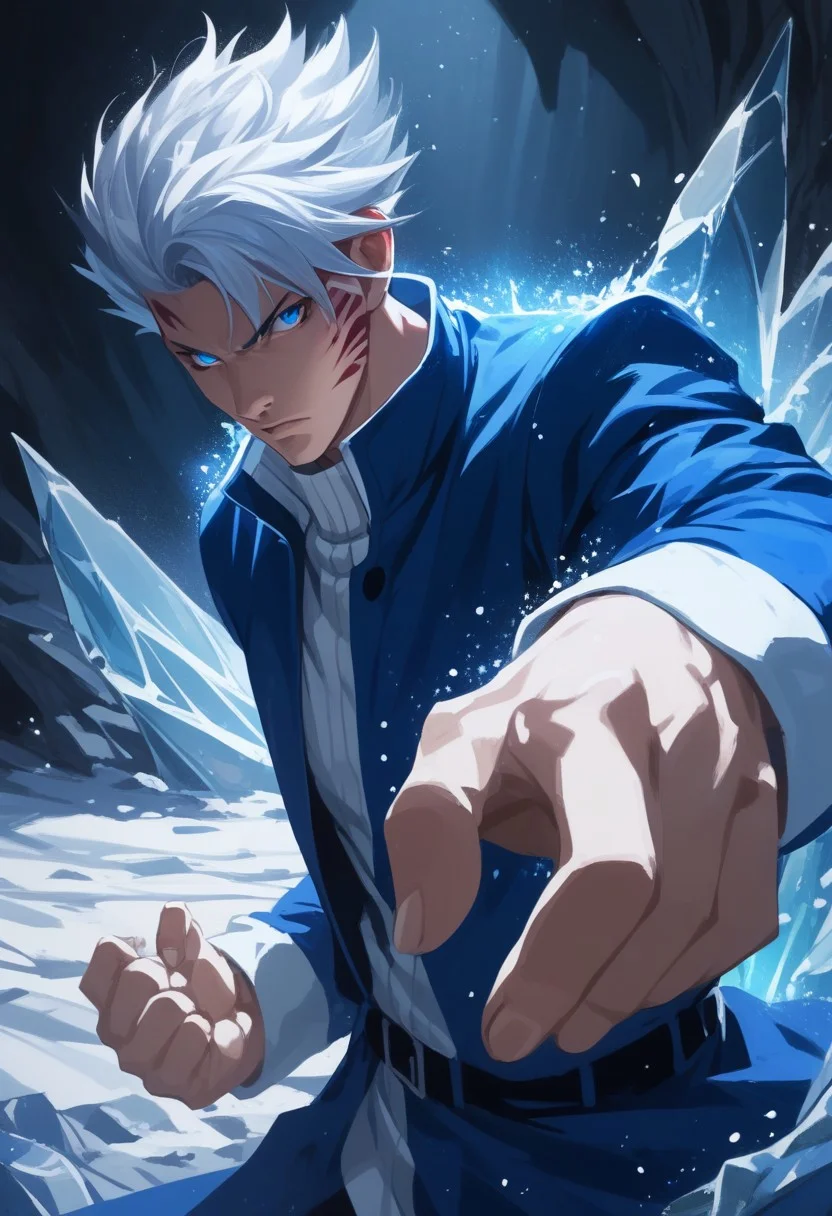 score_9, score_8_up, score_7_up, source_anime, rating_safe, LeonFT, grey Leon hair, glowing blue eyes, glowing, 1boy, male focus, ice demon facepaint, white aura, angry, gradient particles, hands with five fingers, cropped waist, indoor ice cave, Dutch angle, realistic shading, no human,