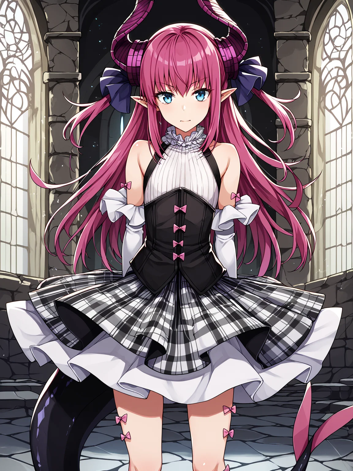 score_9, score_8_up, score_7_up, score_6_up, score_5_up, score_4_up, best quality, high quality, source_anime, rating_safe, anime screencap
BREAK
lizsecond, pink hair, long hair, two side up, curled horns, pointy ears, blue eyes, dragon tail, hair ribbon, corset, plaid skirt, detached sleeves, bare shoulders, flat chest, 1girl, solo
BREAK
arms behind back, indoors, castle, stone walls, window, detailed background
<lora:dsliz_pd6:1>
