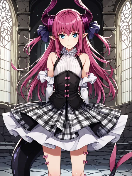 score_9, score_8_up, score_7_up, score_6_up, score_5_up, score_4_up, best quality, high quality, source_anime, rating_safe, anime screencap
BREAK
lizsecond, pink hair, long hair, two side up, curled horns, pointy ears, blue eyes, dragon tail, hair ribbon, corset, plaid skirt, detached sleeves, bare shoulders, flat chest, 1girl, solo
BREAK
arms behind back, indoors, castle, stone walls, window, detailed background
<lora:dsliz_pd6:1>