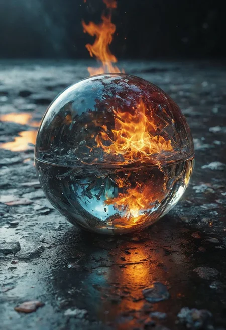 Sphere made with crystalline carapace, iridescence color, fine reflection, water on the floor, reflections, intricate complexity details,
Wide range of colors., fire and ice, Dramatic,Dynamic,Cinematic,Sharp details
Insane quality. Insane resolution. Insane details. Masterpiece. 32k resolution.