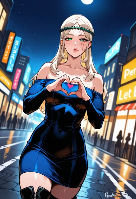 MorenaPrudoHxH, 1girl, solo, tall woman, slim woman, almond-shaped brown eyes, long hair, dark blue hair, piercings left ear, two parallel scars on face, puffy lips, green crown of thorns, collarbone, large breast, bare shoulders, shoulder-less dress, dark dress, tight dress, long sleeves, thick thigh, black boots,
,seductive pose, sexy pose, tease,
masterpiece, best quality, ultra-detailed, very aesthetic, detailed background, very aesthetic, newest, scenery, highres, 4k, absurdres, 8k, colorful,vibrant, glowing, , 2d, perfect eyes, detailed eyes,
masterpiece, best quality, ultra-detailed, very aesthetic, newest, scenery, absurdres, perfect anatomy, , perfect face, perfect eyes, mature body, clear eyes, beautiful eyes, athletic, curvy body, athletic girl, perky tits, perfect tits, round breasts, pinup pose, teasing, lustful expression,
muscular female, dutch angle,
standing , heart hand duo, cowboy shot, looking at viewer, dutch angle, looking at viewer, street , city , crossroads,moonlight ,aesthetic, (masterpiece), best quality, newest, highres, absurdres, traditional media
,detailed eyes,Smooth Negative, highres, absurdres, uncensored,