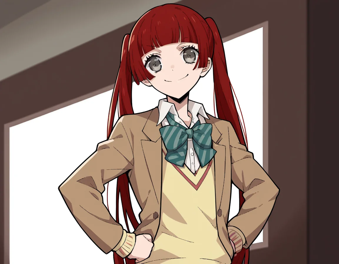 score_9, score_8_up, score_7_up, source_anime, <lora:n-arisugawa-oc-ponyxl-lora-nochekaiser:1>, n-arisugawa, long hair, red hair, bangs, blunt bangs, hime cut, grey eyes,, twintails, skirt, long sleeves, school uniform, jacket, miniskirt, green skirt, blazer, brown blazer, sweater vest, yellow sweater vest, bowtie, green bowtie, striped bowtie, collared shirt,, indoors, smug, smile, looking at viewer, solo, hands on hips,, cowboy shot, dutch angle