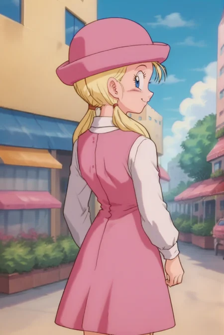 score_9, score_8_up, score_7_up, score_6_up, score_5_up, score_4_up, BREAK source_anime, 1girl, solo,
<lora:HarronXL-v1-07:0.7>, ChopioHarron, long hair, blue eyes, blonde hair, twintails, hair tie, hair over shoulders, looking at viewer,
retro artstyle,
outfit_1, pink dress, sleeveless dress, collared shirt, long sleeves, pink headwear, hat,
shops, outdoors, standing, smile, sunny, blue sky, from behind, looking back,