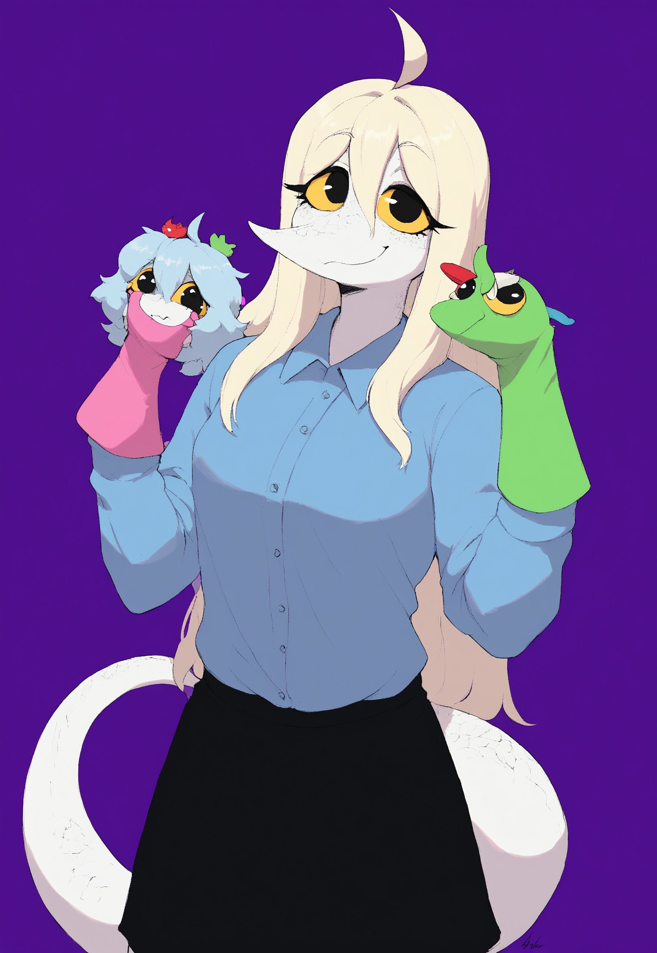 score_9, score_8_up, score_8. score_9, score_8_up, score_7_up, ,masterpiece, 4k, high quality, (best quality:1.1), 1girl, shirt, puppet, purple background, hand puppet, skirt, solo, simple, background, ahoge, colored sclera, black skirt, long hair, blonde hair, tail, smile, black eyes, white hair, blue shirt, yellow sclera, hair between eyes, smile, green puppet, red puppet, pink puppet with blue hair, white skin, white body, grey scales, tail puppet