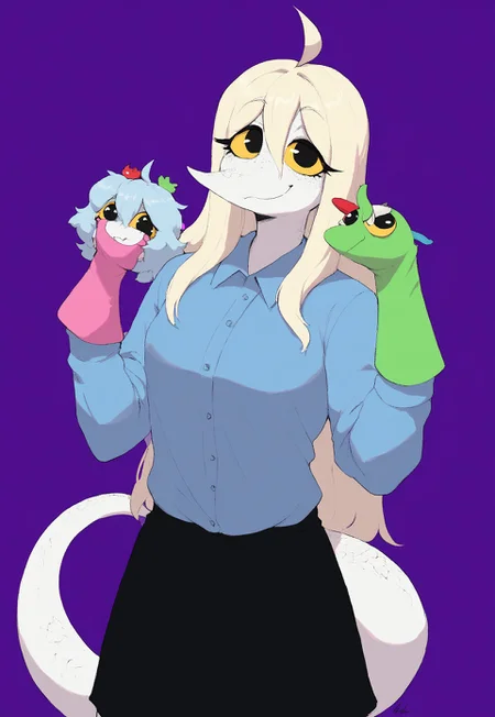 score_9, score_8_up, score_8. score_9, score_8_up, score_7_up, ,masterpiece, 4k, high quality, (best quality:1.1), 1girl, shirt, puppet, purple background, hand puppet, skirt, solo, simple, background, ahoge, colored sclera, black skirt, long hair, blonde hair, tail, smile, black eyes, white hair, blue shirt, yellow sclera, hair between eyes, smile, green puppet, red puppet, pink puppet with blue hair, white skin, white body, grey scales, tail puppet