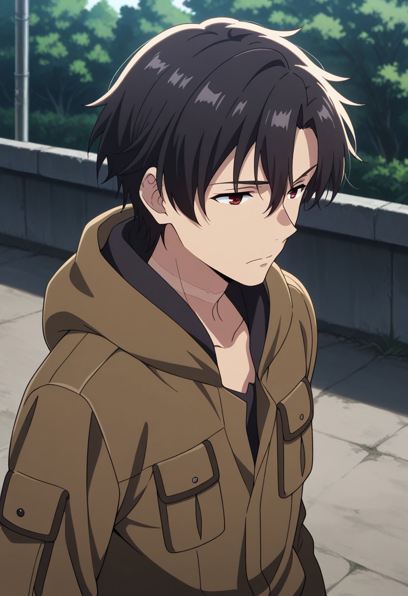 masterpiece,best quality,amazing quality, source_anime, 
ShineiNouzen, 1boy, male focus, solo, red eyes, black hair,  shirt, black shirt, jacket, brown jacket, hood, scar on neck, outdoor,