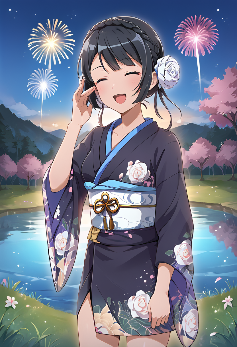 karen_morris, black hair, braided bun,  closed eyes, small breasts, black kimono, japanese clothes BREAK  outdoors, lake, field of flower, night, fireworks BREAK standing, smile, hand near face, open mouth, looking at viewer, happy BREAK score_9, score_8_up, score_7_up, source_anime ,zPDXL, perfect hand, <lora:Karen_Morris:0.8>