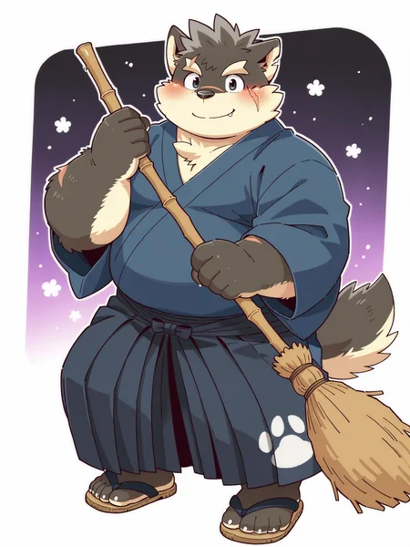 moritakatas,1boy,male focus,dog boy,japanese clothes,dog ears,animal ears,furry,broom,solo,furry male,hakama,scar,tail,thick eyebrows,blush,full body,dog tail,scar on face,brown fur,bara,fang out,holding,smile,holding broom,short hair,fang,white background,scar on cheek,kimono,plump,hakama skirt,sandals,simple background,muscular,skirt,pectorals,muscular male,eyebrow cut,<lora:moritakatas-Noob:1>,