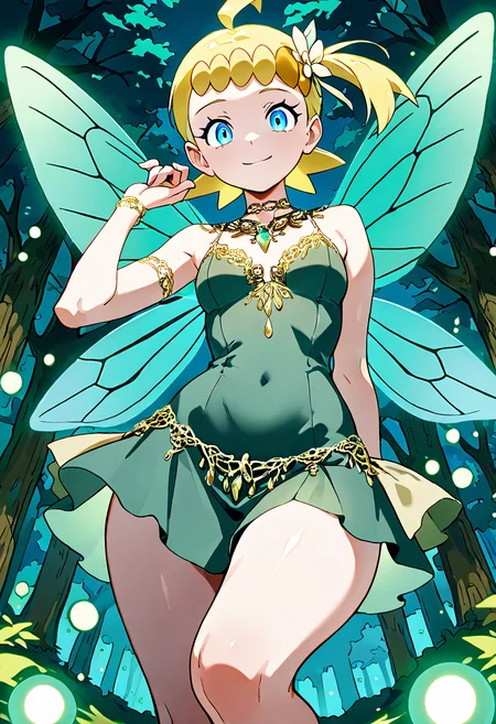 masterpiece, best quality, solo, curvy, beautiful eyes, narrow waist, wide hips, 1girl, solo, smile, looking at viewer, dynamic angle, foreshortening, close up,    zzBonnie, bonnie_(pokemon), blue eyes, ahoge, blonde hair, hair ornament, short hair, side ponytail,  ,<lora:BonniePokemonIXL:1.0>, [Firefly Fairy], glowing amber and green dress made of shimmering light fabric, wings resembling glowing firefly wings, glittering gold lace around her neckline, glowing orb hanging from her belt, translucent emerald green wings with light patterns, surrounded by a dark forest with fireflies lighting the air around her, gentle warmth in the night,