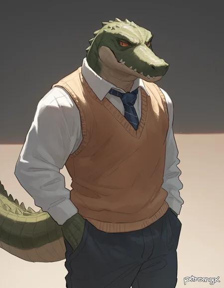 score_9,score_8_up,score_7_up,score_6_up,score_5_up,score_4_up,
solo,male,anthro,mature male,crocodile,clothed,sweater vest,
pngx,
,<lora:PNGX_Style_Pony:0.8>