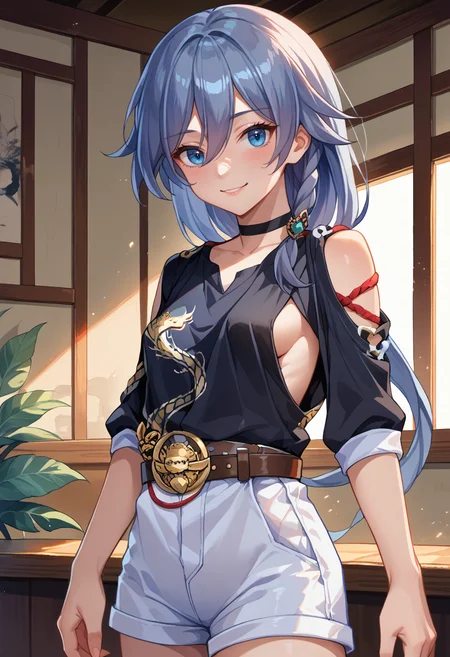 score_9, score_8_up, source_anime, HuaRusticNoir, blue eyes, grey hair, long hair, braid, black choker, black shirt, sideless shirt, sideboob, dragon print, low-cut armhole, belt, white shorts, indoors, smile, <lora:ChamFuHuaPonyXL:1>