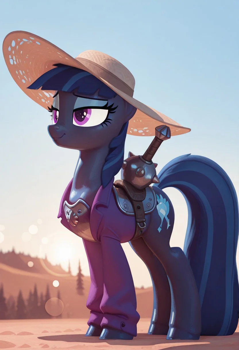 masterpiece, best quality, absurdres, highres, high quality, highly detailed, official art, gloss_(hotglossed), Hoovesart, pixelsketcher, Rapscallionstyle, mikus-style, 3d, stylized realism, (bokeh:1.1), no lineart, sparse forest overlooking a high desert, blue sky,
1boy, pony /(my little pony friendship is magic/), solo, detailed face, dull purple coat, dark blue mane and tail, side view, standing, armored saddle with chest plate (rusted, futuristic), small chest plate, mace attached to saddle, lidded eyes, relaxed demeanor, soft lighting, rim lighting, sun hat,