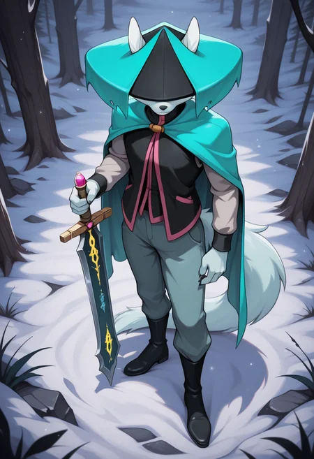 masterpiece, best quality, amazing quality, (du57aet, anthro, tail), ((male focus, 1boy, solo)), male, from above, hat over eyes, hat, cape, vest, pants, boots, sword, forest background<lora:Illustrious\dust-illuv2.safetensors:1.0000000000000002:1.0000000000000002>