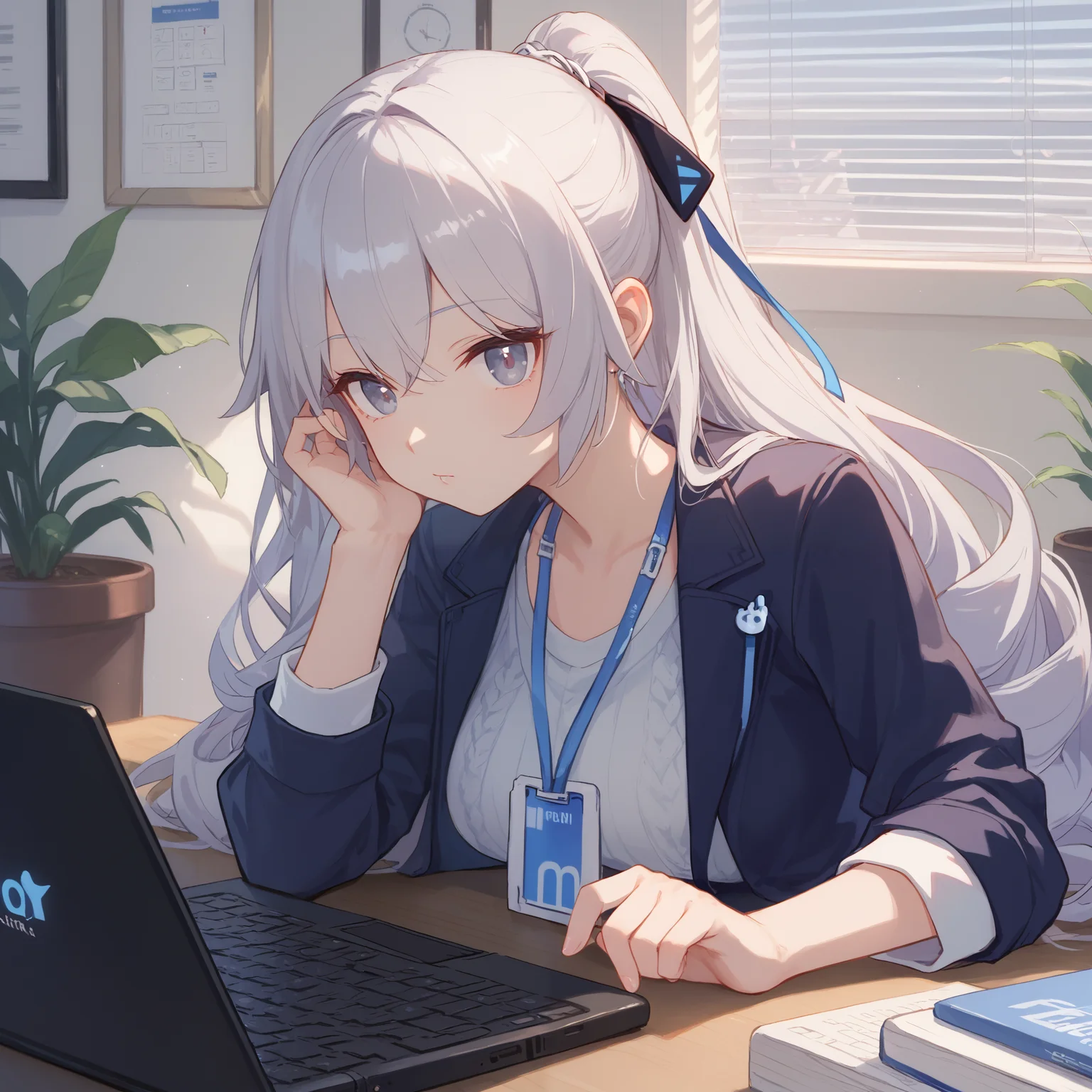 score_9, score_8_up, score_7_up, score_6_up, BREAK source_anime, looking at viewer, office, indoors, 1girl, solo, close up, laptop, masterpiece, best quality, high detailed skin, bronya zaychik, bronya zaychik \(outstanding attitude\), long hair, drill hair, grey hair, grey eyes, office lady, white shirt, jacket, single glove,