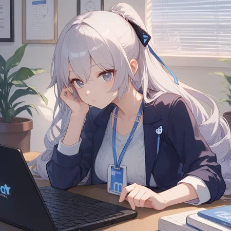 score_9, score_8_up, score_7_up, score_6_up, BREAK source_anime, looking at viewer, office, indoors, 1girl, solo, close up, laptop, masterpiece, best quality, high detailed skin, bronya zaychik, bronya zaychik \(outstanding attitude\), long hair, drill hair, grey hair, grey eyes, office lady, white shirt, jacket, single glove,