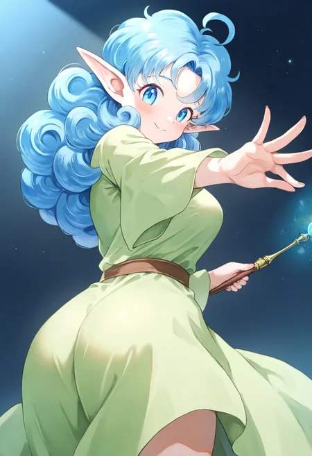 1girl, solo, female, adult, milf, idol face, cute face, 28-yo,
<lora:Rumy_Fortune_Quest_Ver2.0_IS:0.6:0.2>Rumy\(Fortune_Quest\),
blue eyes, pointy ears, blue hair, curly hair, ahoge, light green robe, holding magic wand,
masterpiece, extremely aesthetic, highly detailed, dynamic composition,