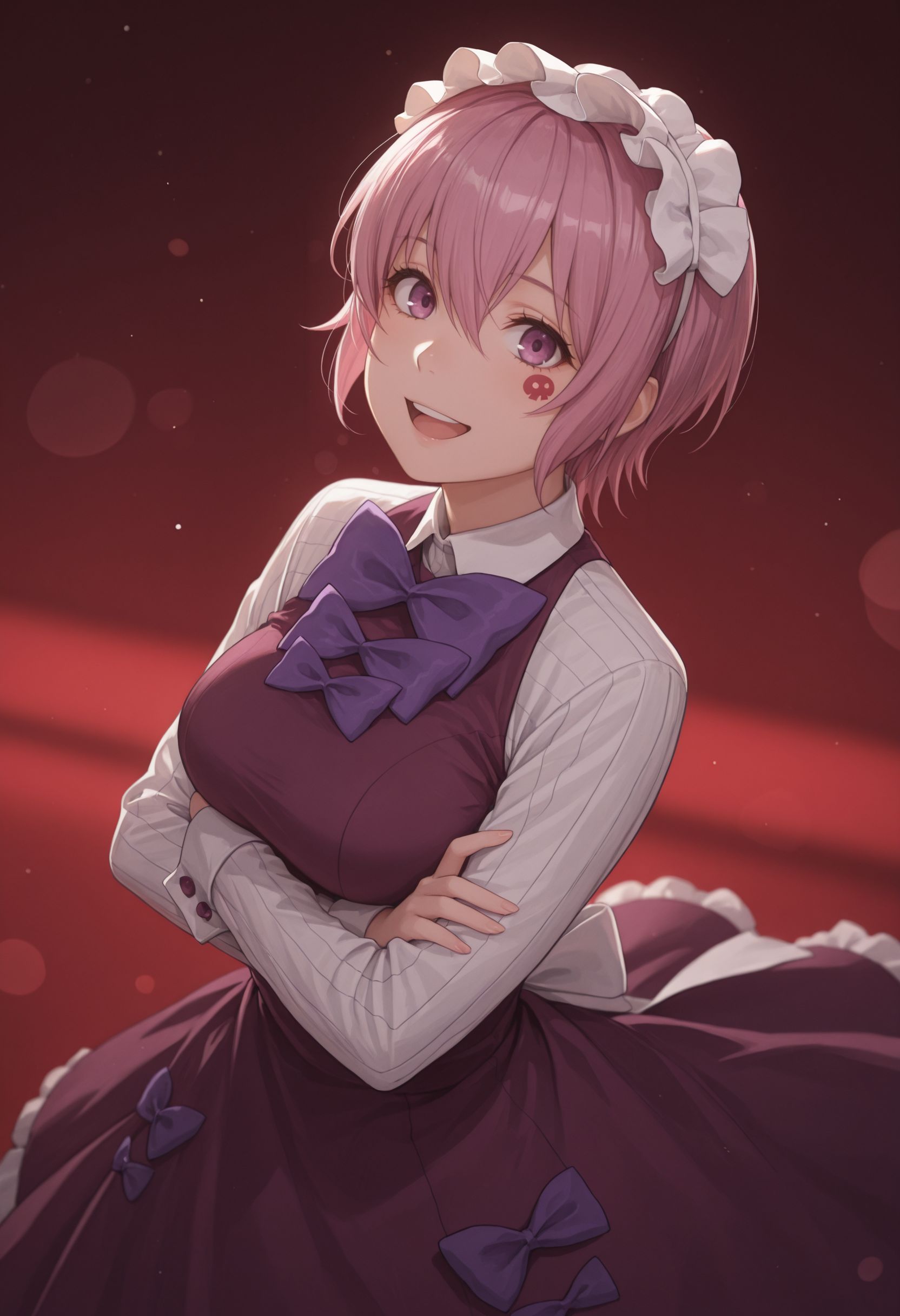 masterpiece,best quality,absurdres,highres,very aesthetic,high quality,detailed,insanely detailed,beautiful,perfect lighting, ,depth of field,blurry background,bokeh, looking at viewer, , upper teeth only, crossed arms,, open mouth, looking at viewer, , smile red background, floating hair, :d, hair between eyess, standing, shadow <lora:Sakuragi Naruha Illu :1> 1girl, short hair, pink hair, purple eyes, maid headdress, purple dress, bowtie, white shirt, long sleeves, shirt, facial mark ,
