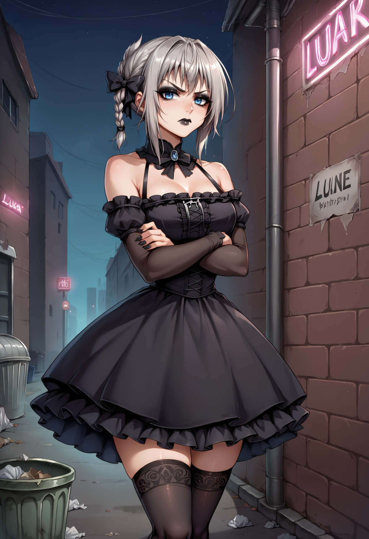 score_9, score_8_up, score_7_up, source_anime, 1girl, solo, looking at viewer, lunalie, braid, gray hair, blue eyes, gothic, goth fashion, black dress, frills, lipstick, eyeshadow, makeup, detached sleeves, bare shoulders, hair bow, outdoors, alleyway, night, dark, crossed arms, layered dress, black nails, (black lips:1.2), thighhighs, building, night sky, neon lights, trash can, trash, petticoat, angry, closed mouth