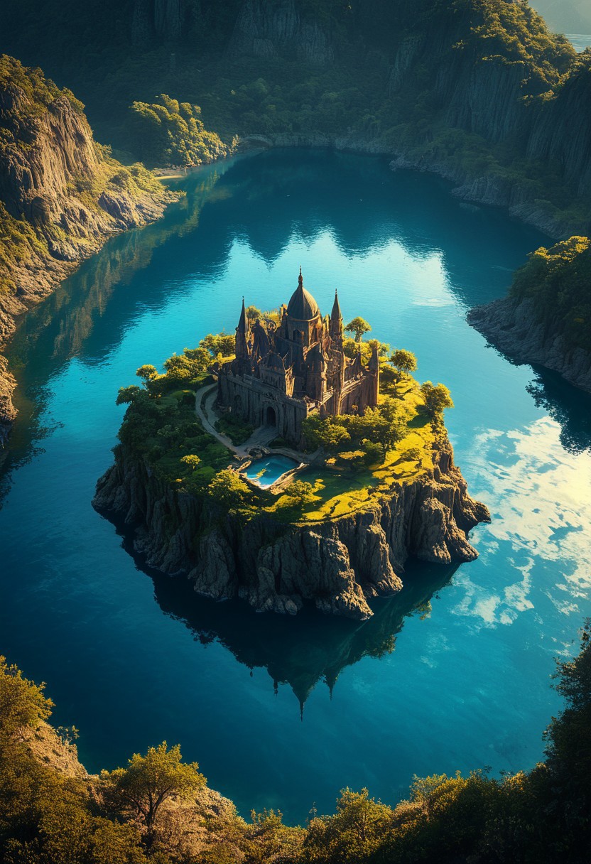 Breathtaking views, mystical place, detailed landscape, lighting, An island in the middle of the water, double exposure, water only, Reflection, clear and beautiful, sunlight, blue sky, day, beautiful view,  depth of field, masterpiece, best quality, 8k, ultra-detailed, very aesthetic, illustration, superb composition, finest details, intricate details, absurdres, high contrast, RAW, concept art, perfect composition, aerial view