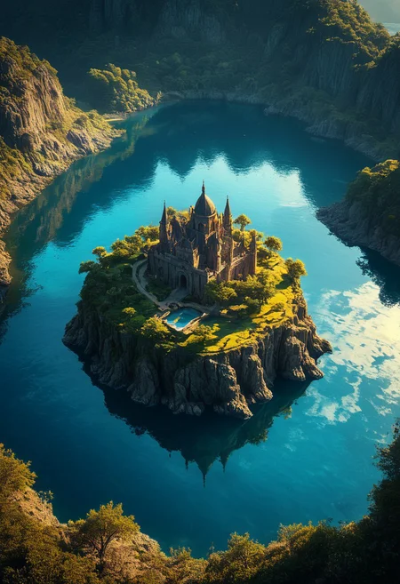 Breathtaking views, mystical place, detailed landscape, lighting, An island in the middle of the water, double exposure, water only, Reflection, clear and beautiful, sunlight, blue sky, day, beautiful view, depth of field, masterpiece, best quality, 8k, ultra-detailed, very aesthetic, illustration, superb composition, finest details, intricate details, absurdres, high contrast, RAW, concept art, perfect composition, aerial view