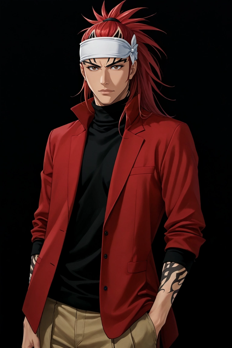 score_9, score_8_up, score_7_up, source_anime, rating_safe, , semi-realistic, , , 1boy, solo, male focus, <lora:renji_abarai_pony:0.96>, renji_abarai, red hair, brown eyes, spiked hair, long hair, ponytail, tattoo, white headband, , Pleated corduroy pants, Turtleneck sweater, Chelseas, ,, <lora:sdxl_lightning_8step_lora:1>