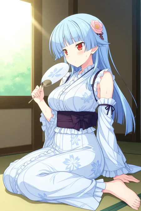 <lora:sasaki_yu1ki1me_ilxl:0.8>masterpiece, best quality, sasaki_yu1ki1me_ilxl, 1girl, solo, hair ornament, hair flower, flower, detached sleeves, sweat, blue hair, red eyes, frills
fanning herself with a traditional uchiwa, wearing a light yukata, summer scene, sitting by a window with sunlight streaming in, relaxed expression, soft colors, gentle breeze, nostalgic feeling, Japanese summer, sitting, wariza, full body, tatami