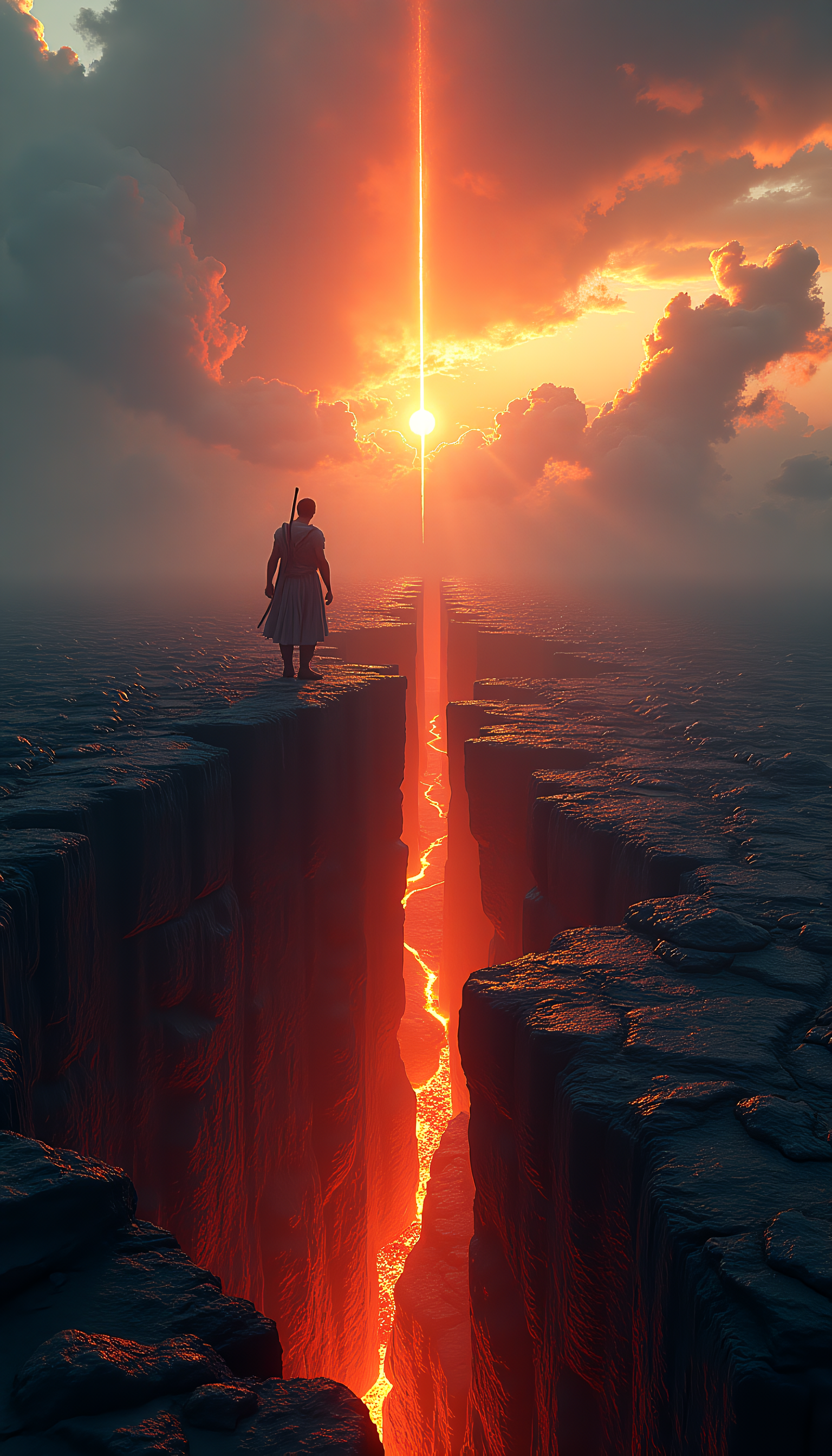 Top view, by george grie and wlop,michal karcz , stunning epic, the end of sky,with a dramatic sky backdrop, young warrior stands tall on a rock in the foreground splits whatever is in front of him, the ground splits all the way to the edge of the horizon causing lava to flow out of the cracks, apocalyptic vision,chiaroscuro effect, high contrast,  dynamic composition, ultra realistic, octane rendering sci-fi,by Carne Griffiths and Ralph Horsley, ultra HD, realistic, vivid colors, highly detailed, UHD drawing, perfect composition, beautiful, incredibly detailed octane rendering and intricate, artstation trending, 8k artistic photography, photorealistic concept art, natural and soft volumetric cinematic perfect light, Miki Asai macro photography, epic scene, close-up, hyper detailed, trending on artstation, sharp focus, studio photo, intricate details , very detailed, by greg rutkowski