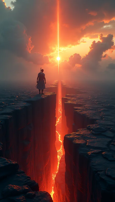 Top view, by george grie and wlop,michal karcz , stunning epic, the end of sky,with a dramatic sky backdrop, young warrior stands tall on a rock in the foreground splits whatever is in front of him, the ground splits all the way to the edge of the horizon causing lava to flow out of the cracks, apocalyptic vision,chiaroscuro effect, high contrast, dynamic composition, ultra realistic, octane rendering sci-fi,by Carne Griffiths and Ralph Horsley, ultra HD, realistic, vivid colors, highly detailed, UHD drawing, perfect composition, beautiful, incredibly detailed octane rendering and intricate, artstation trending, 8k artistic photography, photorealistic concept art, natural and soft volumetric cinematic perfect light, Miki Asai macro photography, epic scene, close-up, hyper detailed, trending on artstation, sharp focus, studio photo, intricate details , very detailed, by greg rutkowski
