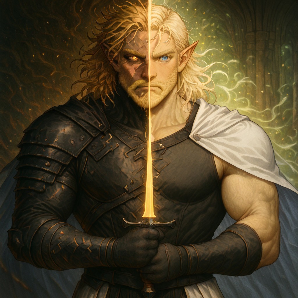 masterpiece, best quality, newest, absurdres, highres, 
DUSV1.0, split screen, split theme, dual persona, transformation, dark persona, holding sword, sword, holding weapon, holding, weapon,
1boy, manly, elf, beard, muscular male, blonde, blonde hair, pointy ears, scar, scar on face, armor, cape, chestplate, chest armor, black armor, black leather, white cape,