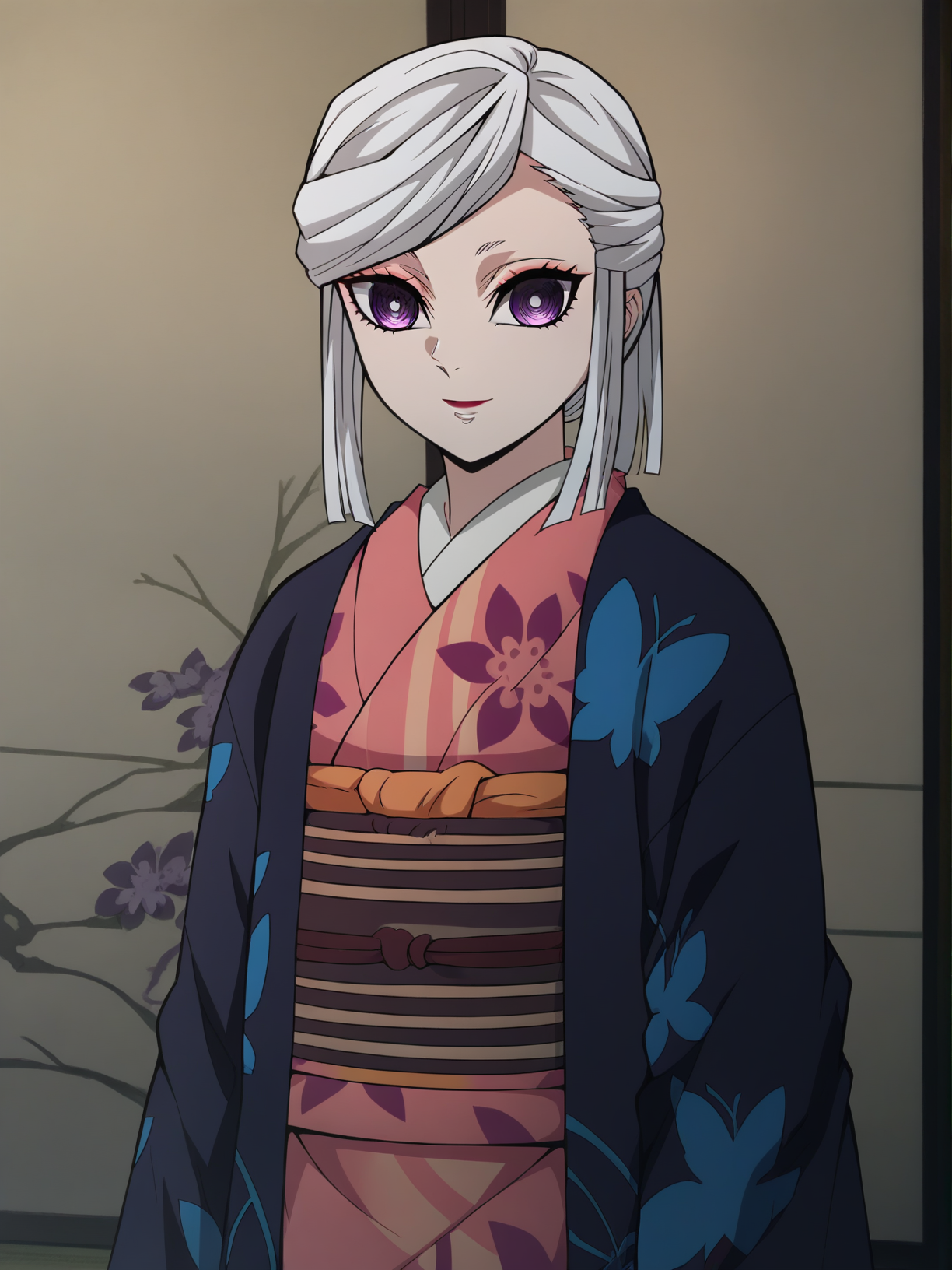 <lora:Amane_Ubuyashiki-Kimetsu_no_Yaiba:1>,amane,1girl,solo,makeup,white hair,purple eyes,shiny skin,japanese clothes,kimono,sash,obi,cowboy shot,arms at sides, smile,indoors,looking at viewer,