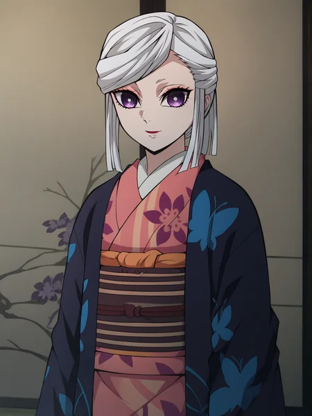 <lora:Amane_Ubuyashiki-Kimetsu_no_Yaiba:1>,amane,1girl,solo,makeup,white hair,purple eyes,shiny skin,japanese clothes,kimono,sash,obi,cowboy shot,arms at sides, smile,indoors,looking at viewer,