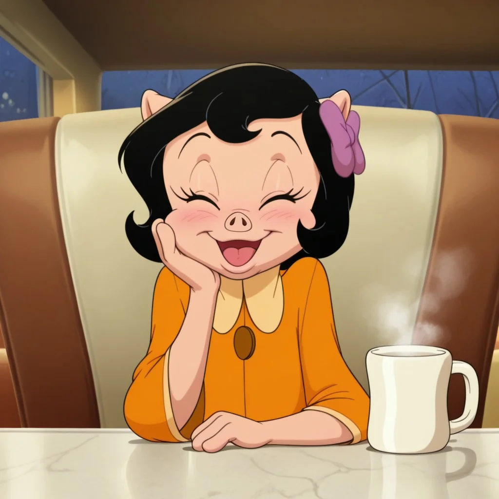 masterpiece, best quality, highly detailed, realistic, 1girl, solo, PetuniaLTM, furry, anthro, suine, flat chested, black hair, short hair,tan skin, purple hair bow orange topwear, shirt collar, upper body, smile, closed mouth, eyes closed, blushing, open mouth, tongue, looking at viewer, sitting, table, mug, steam from mug, chair, restaurant, front view, detailed background, arm rest, hand on own cheek, 4 fingers, upper body