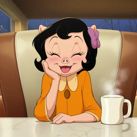 masterpiece, best quality, highly detailed, realistic, 1girl, solo, PetuniaLTM, furry, anthro, suine, flat chested, black hair, short hair,tan skin, purple hair bow orange topwear, shirt collar, upper body, smile, closed mouth, eyes closed, blushing, open mouth, tongue, looking at viewer, sitting, table, mug, steam from mug, chair, restaurant, front view, detailed background, arm rest, hand on own cheek, 4 fingers, upper body