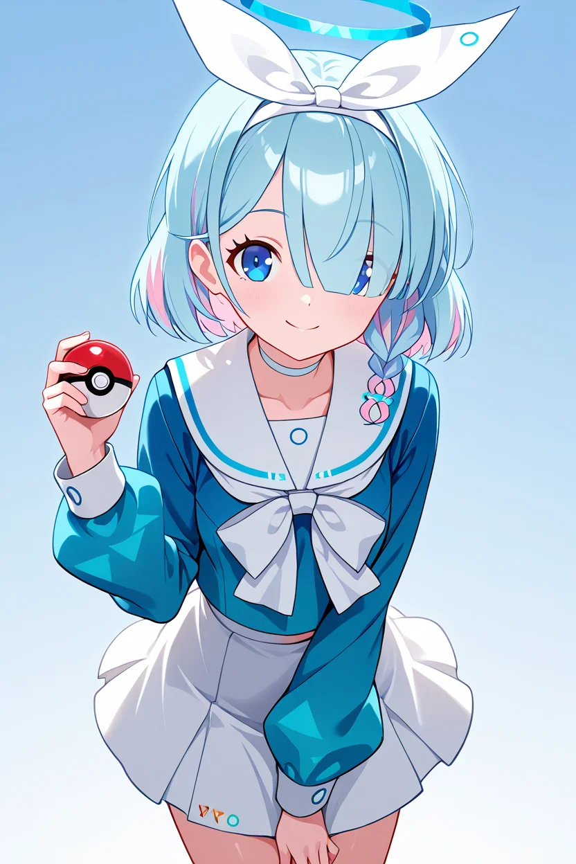 masterpiece, best quality, 1girl, solo, 21 year old model, eyelashes, (beautiful eyes), ,,, zzArona, blue eyes, blue hair, hair over one eye, bangs, blue halo, mechanical halo, long sleeves, ribbon, school uniform, serafuku, skirt, white skirt, <lora:AronaBlueArchiveIXL:1.0>, (holding pokeball), dynamic pose, cowboy shot, leaning forward, smile, looking at viewer, shiny skin,